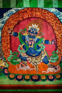 HEMIS, INDIA, SEPTEMBER 4, 2011: Wall painting of Dharmapala, Tibetan Buddhism wrathful protector