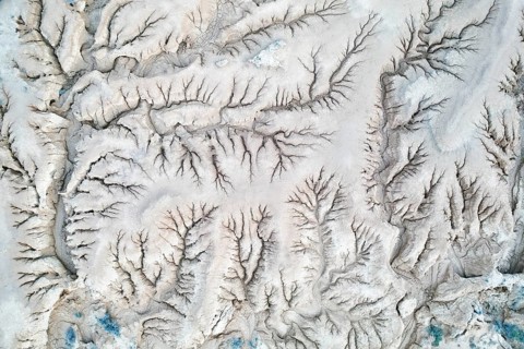 Aerial view of a desert landscape showcasing complex, branching riverbed patterns These natural