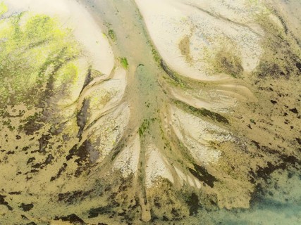 Sandy deposits, channels and streams at low tide at the Lago de la Gaviota (lake of the seagull).