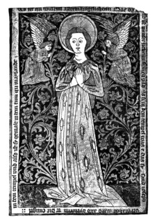Mary is worshiped by two angels, wood engraving, 1440