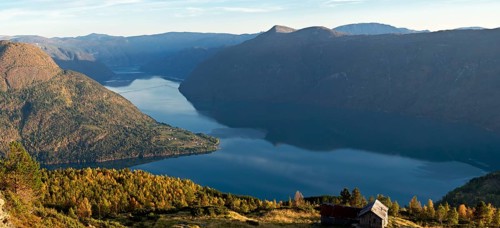 View from Mt. Molden, autumn at the Lustrafjord, inner branch of Sognefjord, Norway