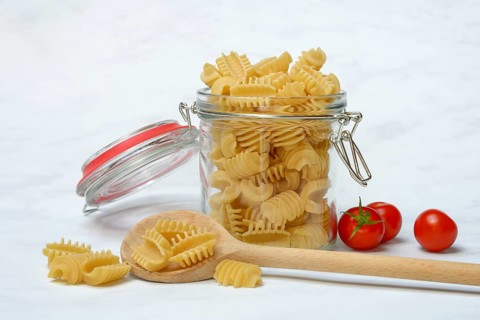 Italian pasta in glass containers, Radiatori variety