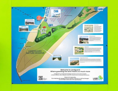 Information board with map about Landguard Nature Reserve, Landguard Fort, Port of Felixstowe,