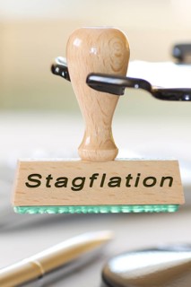 Stamp with the inscription Stagflation, Economy, Business cycle, Economic crisis, Commodity prices,