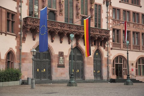 EU flag and German national flag, Haus zum Römer, Haus Löwenstein, flags, Römerberg, Frankfurt am