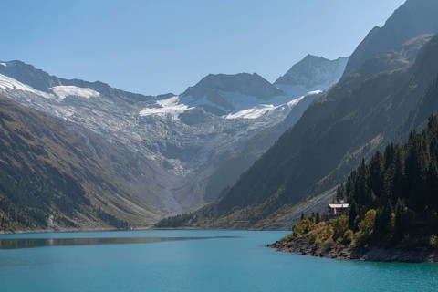 Schlegeisspeicher (1782m), glacier at the Schlegeiskees, blue sky, Zillertal Alps, Tyrol, Austria