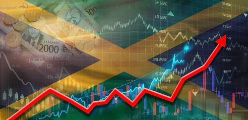 Jamaica financial growth on market graph. Jamaica economic growth on financial graph background