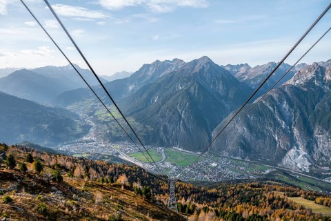 View of Landeck in Tyrol and Inntal valley from Venet mountain railway, Tyrol, Austria