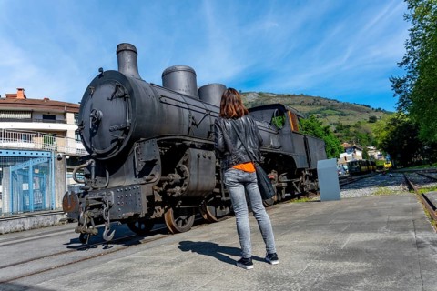 A woman stands in front of an old train engine. The train is black and has a few rust spots. The
