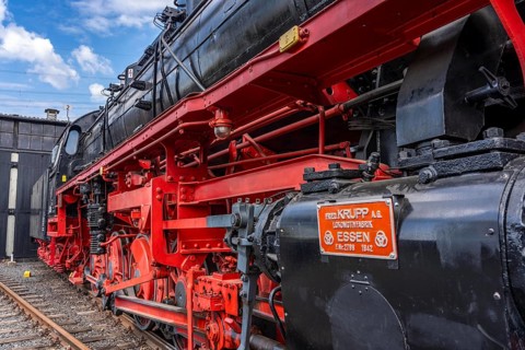 Freight train locomotive 044377-0, built by Krupp in Essen, ring locomotive shed with many historic
