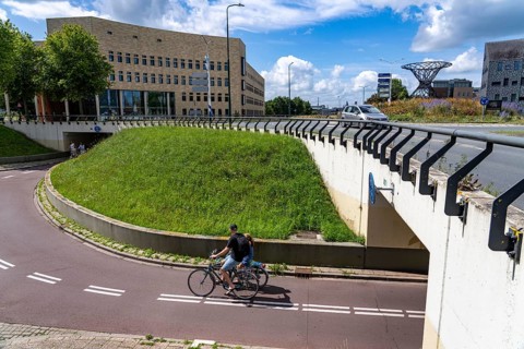 Roundabout in the Dutch city of Houten, the lanes for cars and bicycles are separated, the cycle