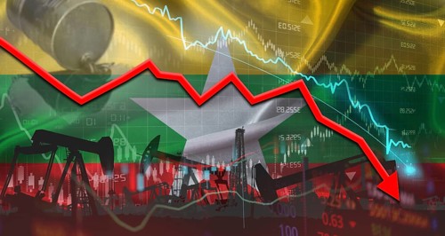 Fall oil price with Burmese flag on economic chart. Petrol crisis with Myanmar flag on financial