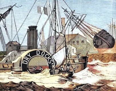Paddle steamer Goliath in the port of Antwerp, Anvers, 1870, Belgium, illustration, reproduction