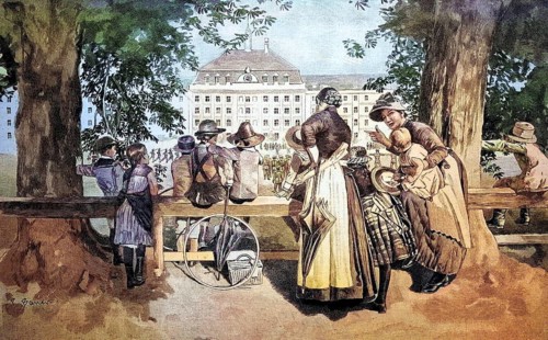 Children and woman as spectators during a drill in the Hofgarten barracks in Munich, Bavaria,