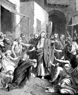 Healing the sick, chapter 6, verse 56, Mark's Gospel, Jesus heals, crowd, woman, men, children,