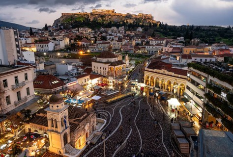 View over the old town of Athens, with Panagia Pantanassa Church, Tzisdarakis Mosque and Acropolis,