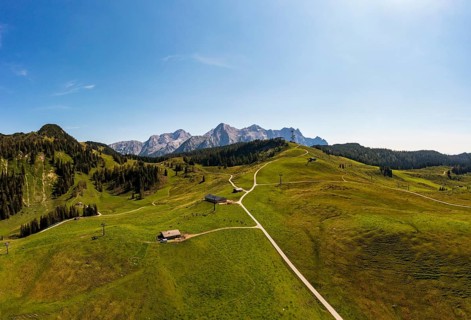 Drone shot, Hochalm, Loferer Alm with view to the Loferer Steinberge, Lofer, Pinzgau, Salzburg