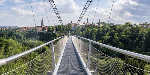 Neckarline suspension bridge over the Neckar panorama in Rottweil, Germany