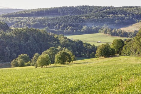 Great panoramic view of a hilly landscape with meadows and dense forests, Freudenberg, North