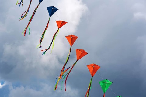 Colourful, strung kites flying in the sky, garland, kite festival in Vinsebeck, Steinheim,