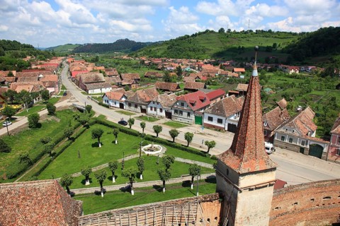Romania, view of the village from the tower of the fortified church of Mosna, German Meschen or