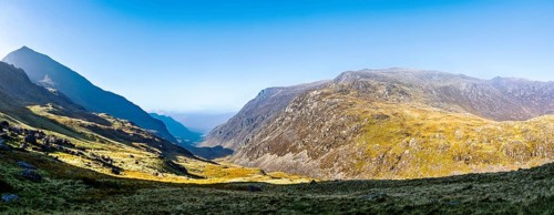 Autumn colours of Pen-y-Pass over Miner's Track, Start Point and road A4086, Snowdonia, Wales, UK