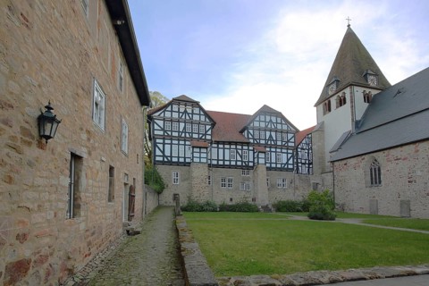 Ottonian collegiate church built in 1025 and courtyard of the Romanesque monastery complex with