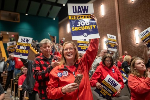 Three Rivers, Michigan USA - 29 March 2026 - Members of the United Auto Workers rally for better
