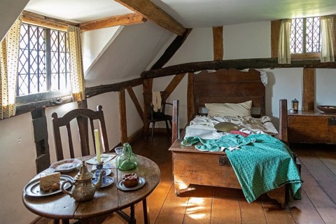 Interior view, bedroom, table, bed, Anne Hathaway's Cottage, Shottery, Stratford-upon-Avon,