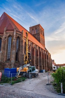 Construction site in front of Nikolaikirche Anklam, Mecklenburg-Western Pomerania, Germany