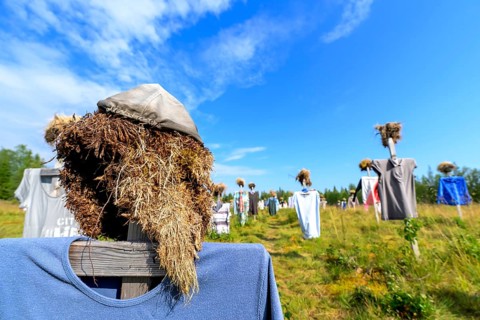 Artwork outdoor installation The silent people of Reijo Kela Straw dolls wear colorful clothes in a