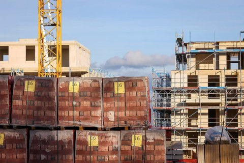 Bedburg, North Rhine-Westphalia, Germany, building material, clinker bricks packed on pallets,