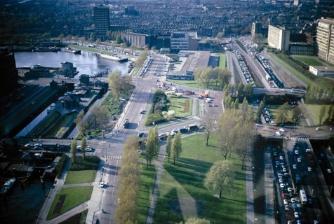 View over the Delfshaven, Rotterdam, Netherlands, from the Euromast, 1971