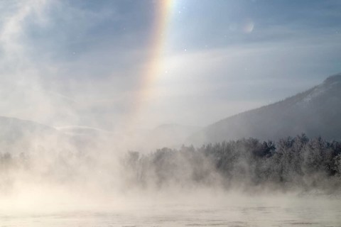 Fog and parhelion over the river Glomma (Glåma), Alvdal, Hedmark, Innlandet, Norway, February 2026