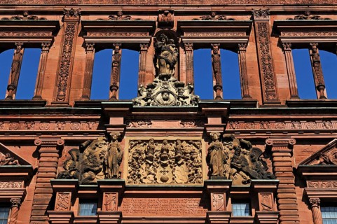 Heidelberg castle ruins, destroyed in 1693, richly decorated entrance façade of the Ottheinrich