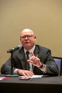 Chicago, Illinois, Teamsters President Sean O'Brien speaks at the 2024 Labor Notes conference. The