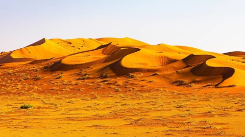 Wind-sculpted curved sand dunes in the Rub al Khali desert, Dhofar province, Arabian Peninsula,