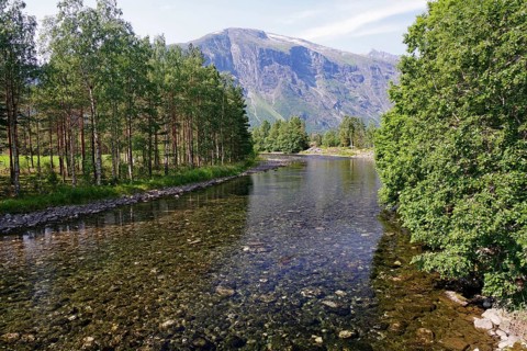 A clear river flows through a wooded landscape with mountains in the background, Eikesdalsvatnet,
