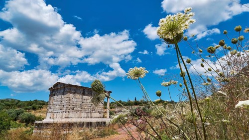 Saithidai Family Tomb Monument, Ancient Stone Building Surrounded by Wild Flowers Under Cloudy Sky,