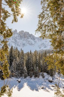 Beautiful landscape of the Mountain silhouettes of the Sexten Dolomites on a sunny winter day,