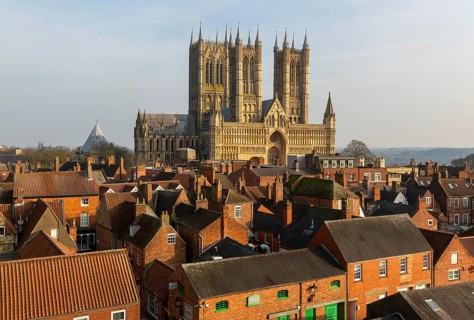 West frontage of Lincoln cathedral church viewed from castle walls, city of Lincoln, Lincolnshire,