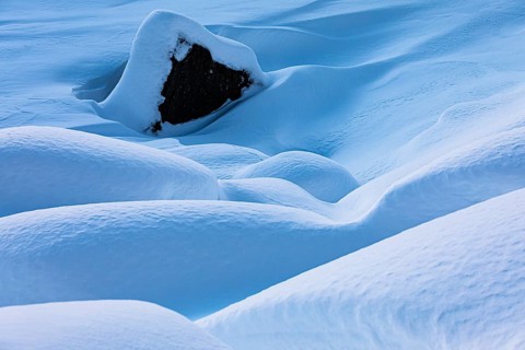 Snow-covered boulder in snowy landscape, Thingvellir National Park, Golden Circle, Sudurland,