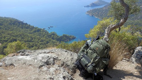 Rucksack leaning against a thin tree on a rocky slope with a view of the blue sea and trees, hiking