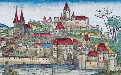 Medieval city view of Passau or Patavia, family tree, old coloured woodcut from: Schedel'sche