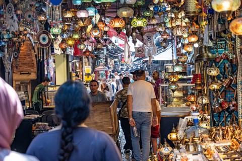 Istanbul, Turkey. August 8th 2026. A crowded market busy with local and foreign tourists shopping