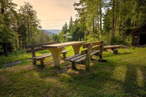 Wooden table and benches near the forest with views and peaceful ambiance, Simmelhütte, Bad Wildbad