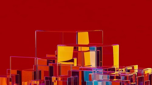 This composition features an arrangement of transparent geometric shapes background against a vivid
