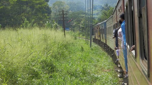Train travels through green countryside, passengers enjoy views from open doors, railroad romance