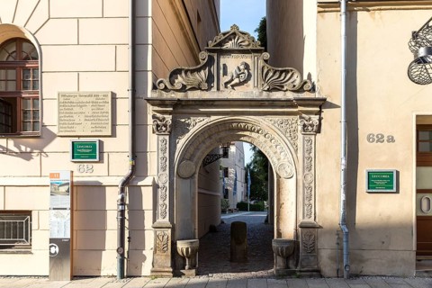 Old archway as an entrance to the historic university of Luther city Wittenberg, Saxony-Anhalt,