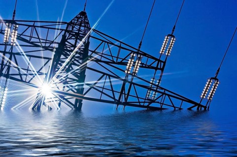 A high-voltage power tower for electricity against blue skies and sunlight. Sinks in water. Turning
